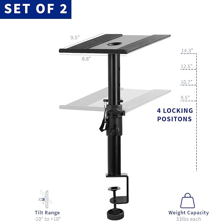 VIVO Clamp-on Speaker Stand Desk Mount Set, 10 x 9 inch Trays, Height Adjustment and Tilt, Universal Audio Holders for Computer and Bookshelf Speakers, Elevated Sound, 2 Pack, Black, MOUNT-SP01CB