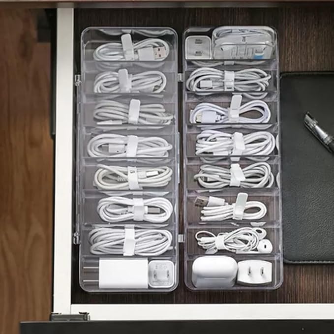 Clear Cable Management Box with Lid, 26x9x5.5cm, Desktop Cord Organizer with Compartments (1, 10.2 x 3.5 x 2.2)
