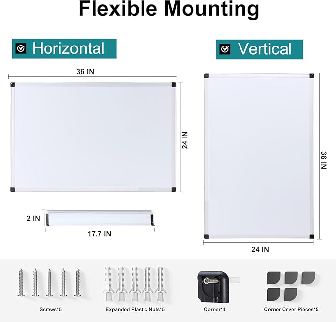 OLIXIS Magnetic White Board, Dry Erase Board for Wall 36" x 24", Whiteboard with 1 Dry Eraser & 2 Multicolor Markers & 4 Magnetic Pins, Aluminium Frame for School, Office, White
