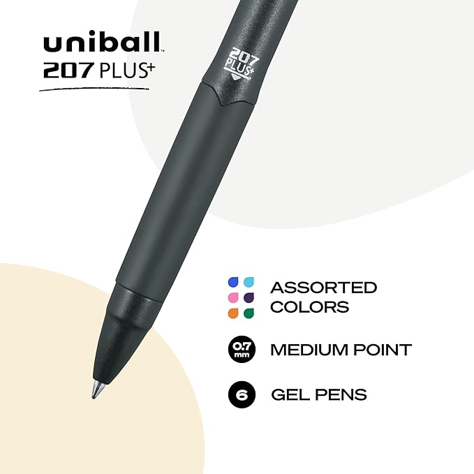 uniball™ 207 Plus+ Retractable Gel Pens, Medium Point (0.7mm), Assorted, 6 Pack