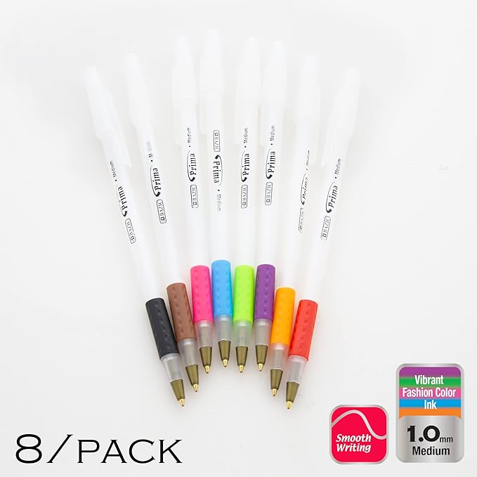 BAZIC Ballpoint Pen Prima 8 Color Stick Pens, Soft Grip 1.0 mm Bold Point Smooth Writing, for Office School Teacher (8/Pack), 1-Pack