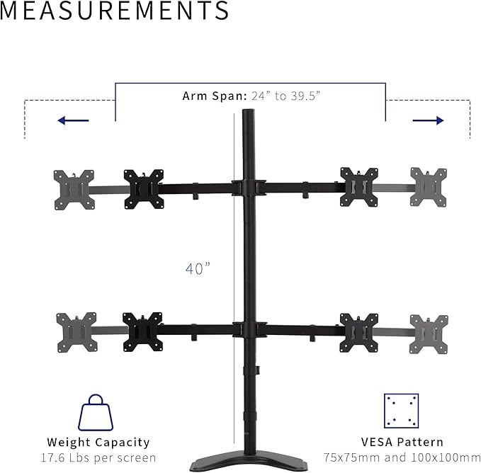 VIVO Premium Quad Ultra Wide LCD LED 27 to 38 inch Monitor Desk Stand, Free-Standing Base, Extra Tall Pole, Adjustable Telescoping Arms, Flush Wall Setup, Fits 4 Screens, Black, STAND-TS38B-4