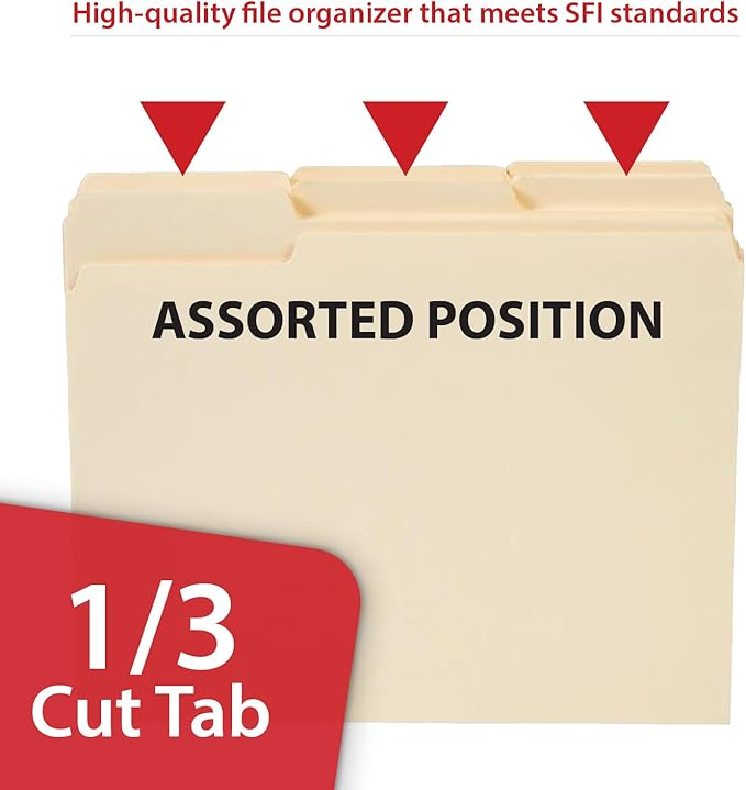 Staples File Folders, Letter Size, 1/3‑Cut Tabs, Assorted Positions, Manila, Durable Paper Stock, 100/Pack