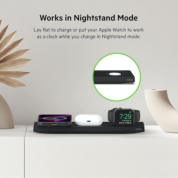 Belkin MagSafe 3-in-1 Wireless Charging Pad - Fast Charging for Apple Watch, iPhone 17, 16, 15, 14 Series, AirPods, & More - MagSafe Charging Station for Multiple Devices Black (Certified Refurbished)