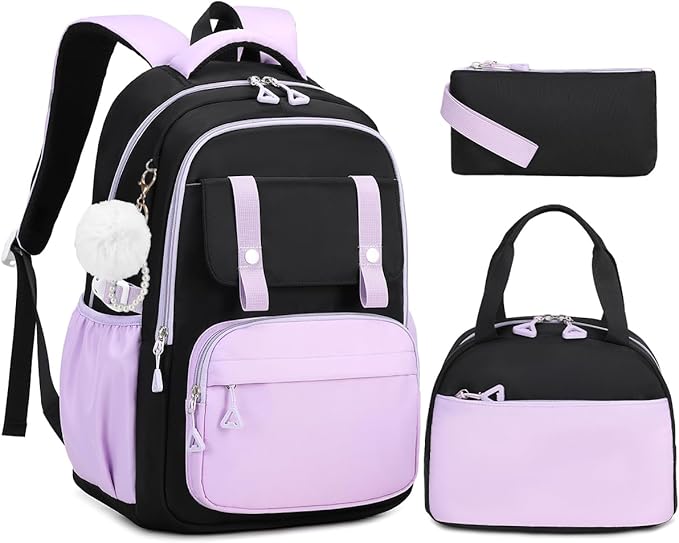 Girls Backpack with Lunch Box 3Pcs, Waterproof School Bag Set for Teen Elementary Middle School, Multi-Pocket Laptop Bookbag Lightweight, Purple