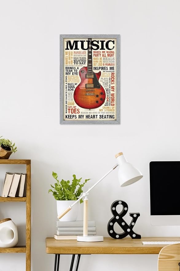 Music Inspires Me Wall Poster, 22.4L" x 14.7W", Gray Framed Version