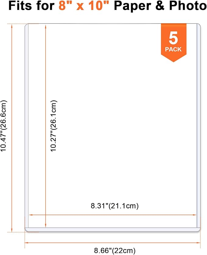 Ndsox 5 Pack 8" x 10" Rigid Print Protectors Clear Hard Plastic Sheet Protectors Top Loading for Photographs, Photo Papers, Posters, Prints, Birth Certificates, Heavy Duty No-Hole Rigid Photo Sleeves