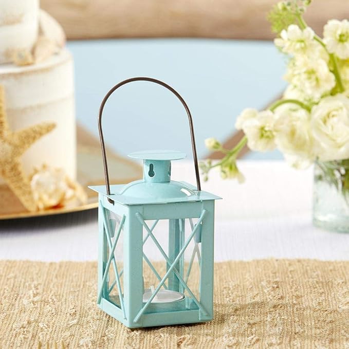 Kate Aspen Decorative Lanterns - Set of 2 - Luminous Metal Lantern Tealight Candle Holders for Wedding, Home Decor and Party - 4.5" H (6.5" H with Handle) – Blue