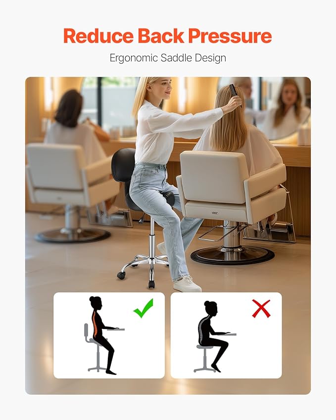 VEVOR Saddle Stool with Back Support and Wheels, 450 LBS Weight Capacity Ergonomic Rolling Stool, Height Adjustable Thickened PU Leather Swivel Saddle Chair for Salon, Spa, Massage, Tattoo, Black
