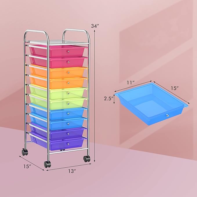 COSTWAY 10-Drawer Rolling Storage Cart, Utility Mobile Trolley with Removable Drawers & Universal Casters & 2 Brakes, Versatile Flexible Drawer Organizer Cart for Home, Office (Rainbow)