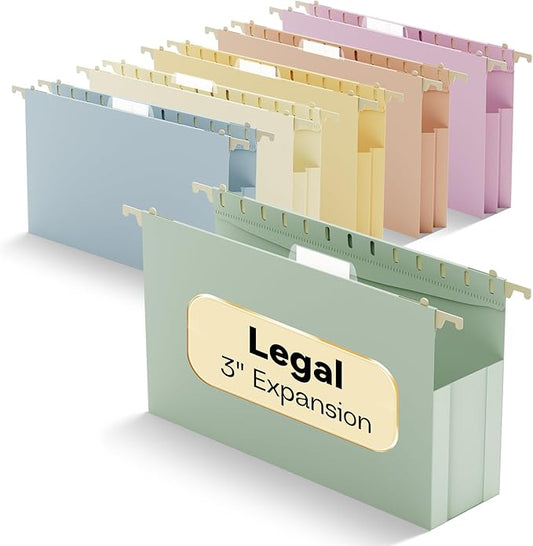 Extra Capacity Plastic Hanging File Folders Legal Size, 6 Pack Reinforced Legal Hanging Folders with 3 Inch Expansion,Heavy Duty Filing Cabinet Folders,Designed for Bulky Files, Pastel Color
