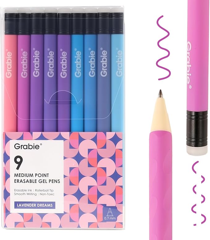 Grabie Erasable Gel Pens, 9 Colors Erasable Pens Multicolor, Make Mistakes Disappear, 0.7mm Medium Point Rollerball Tip Colored Pens for Drawing Writing Planner, Smooth Writing (Lavender Dreams)