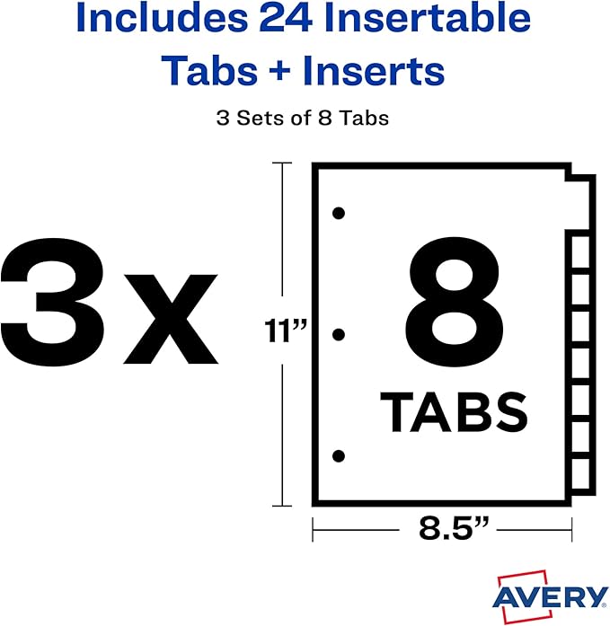 Avery Dividers for 3 Ring Binders, 8-Tab Plastic Binder Dividers, Insertable Big Tabs, Multicolor (3 Sets of 11901)