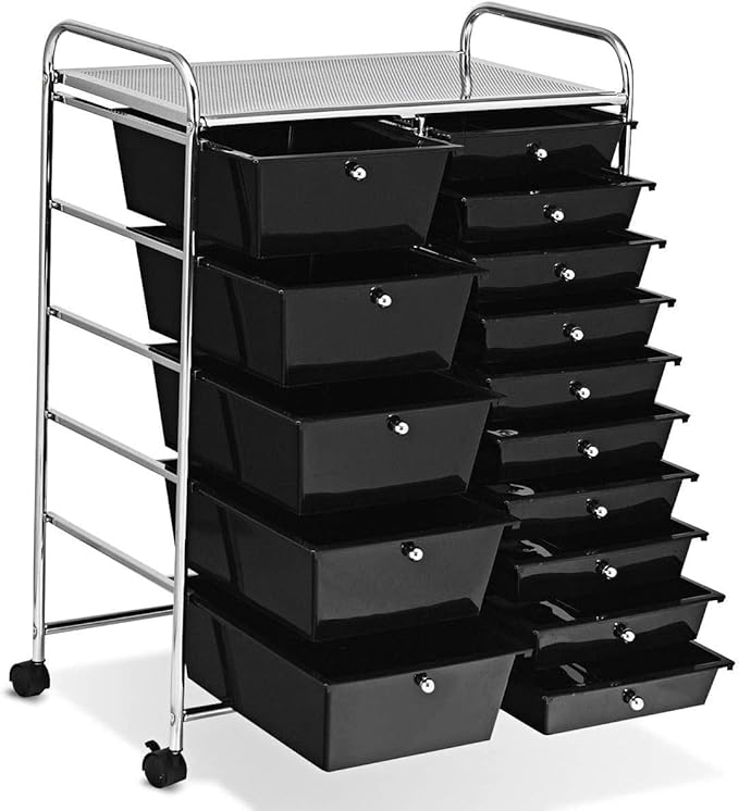 COSTWAY 15 Drawer Rolling Storage Cart, Mobile Utility Cart with Lockable Wheels, Drawers, Multipurpose Organizer Cart for Home, Office, School, Black