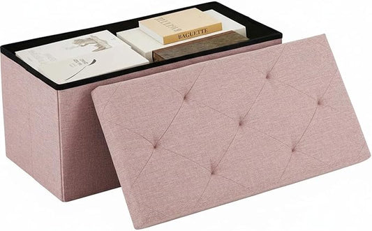 43 Inches Folding Storage Ottoman Bench, Ottoman Foot Rest, Storage Chest, End of Bed Foot Rest Stool with Padded Seat for Living Room, Bedroom, Entryway, Support 660lbs, Linen, Pink