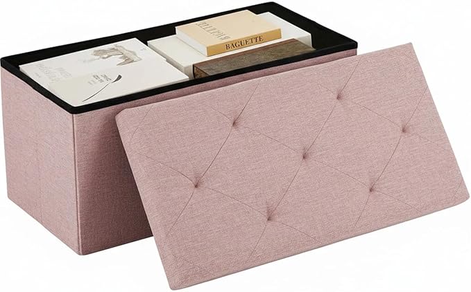30 Inches Folding Storage Ottoman Bench, Ottoman Foot Rest, Storage Chest, End of Bed Foot Rest Stool with Padded Seat for Living Room, Bedroom, Entryway, Support 660lbs, Linen, Pink