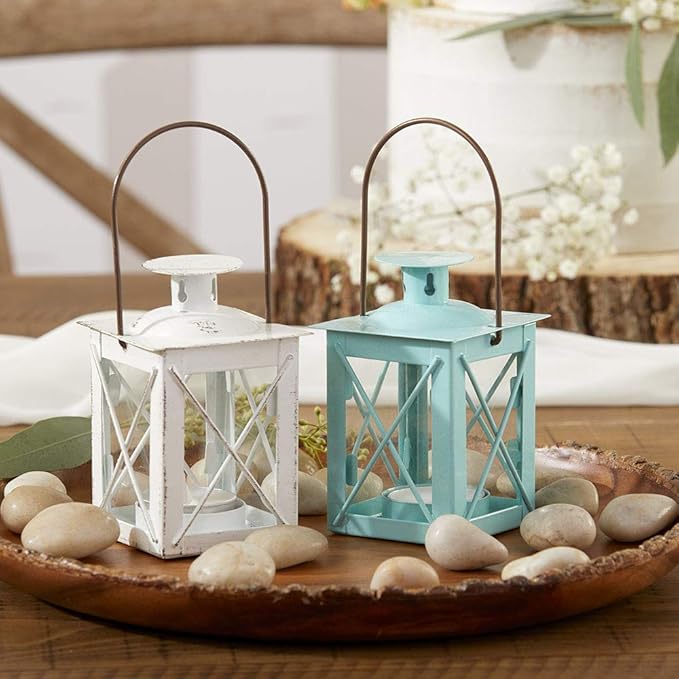 Kate Aspen Rustic Shelf Decor Luminous Vintage Tea Light Votive Candle Holders Metal Mini Decorative Lantern, Distressed Teal Blue (Pack of 2)