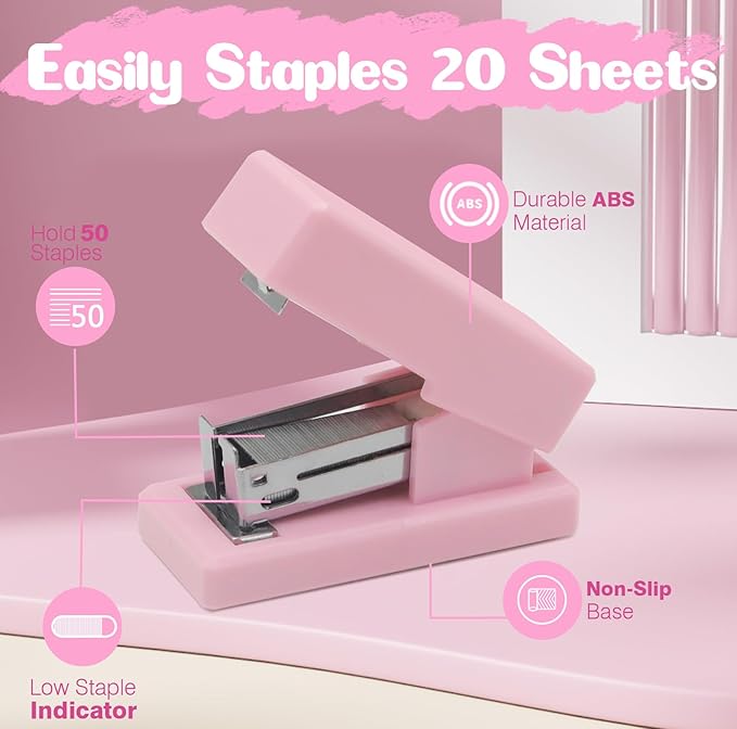 Pink Mini Stapler with Staples, Portable Office Supplies Set with Small Stapler, Staple Remover and 2,000 Staples, Cute Mini Stapler for Desk, School, Office & Home Desk Essentials
