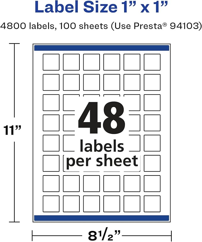 Avery Glossy White Square Labels, Sure Feed Technology, 1" x 1", 4,800 Glossy White Labels, Print-to-The-Edge, Permanent Adhesive, Laser/Inkjet Printable