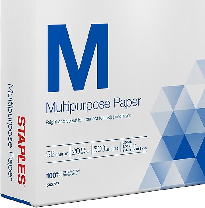 Staples Multipurpose Laser Inkjet Copy Paper, 8 1/2 Inch x 14 Legal Size, 20 lb., 96 Bright White, ColorLok, Ream