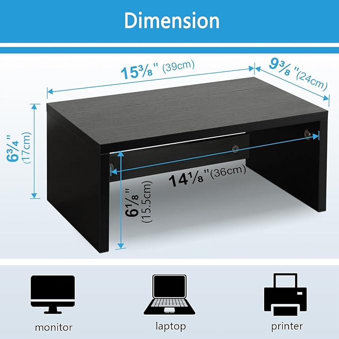 TEAMIX 14.2 inch Monitor Stand Riser, Wood Monitor Riser with Storage for Desk Small Monitor Stand TV/Screen/PC/Laptop Riser Computer Stand Desktop Shelf (Black-Higher)