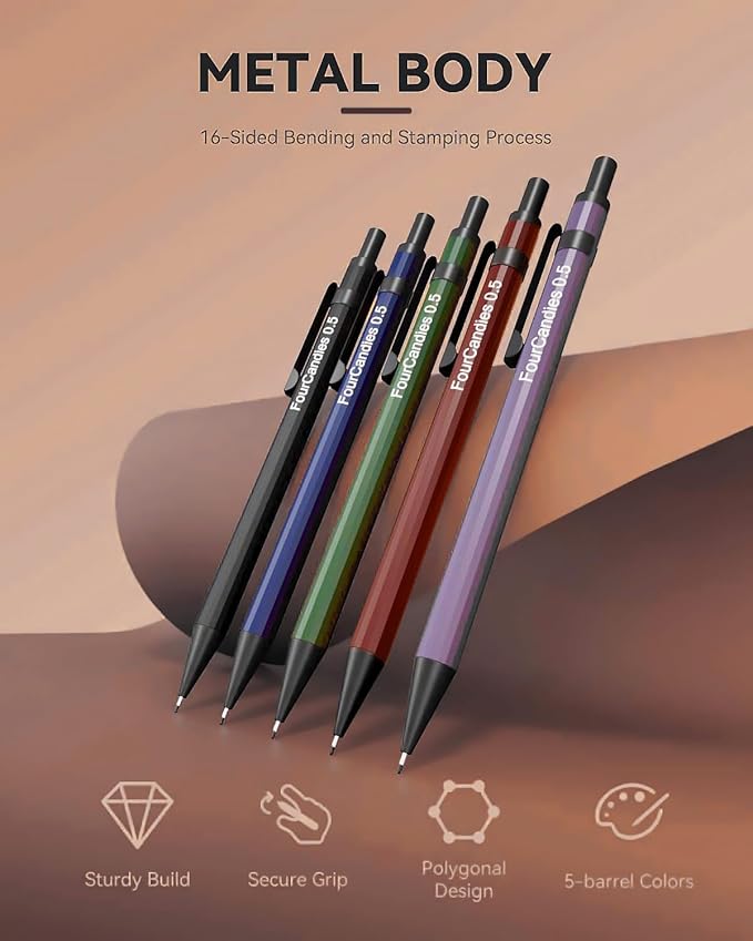 Four Candies Metal Mechanical Pencils 0.5, with #2 Pencil Leads 0.5mm, Eraser Set and Eraser Refills, 19-Count Pack with Case, Back to School Supplies for Writing, Drafting, Drawing