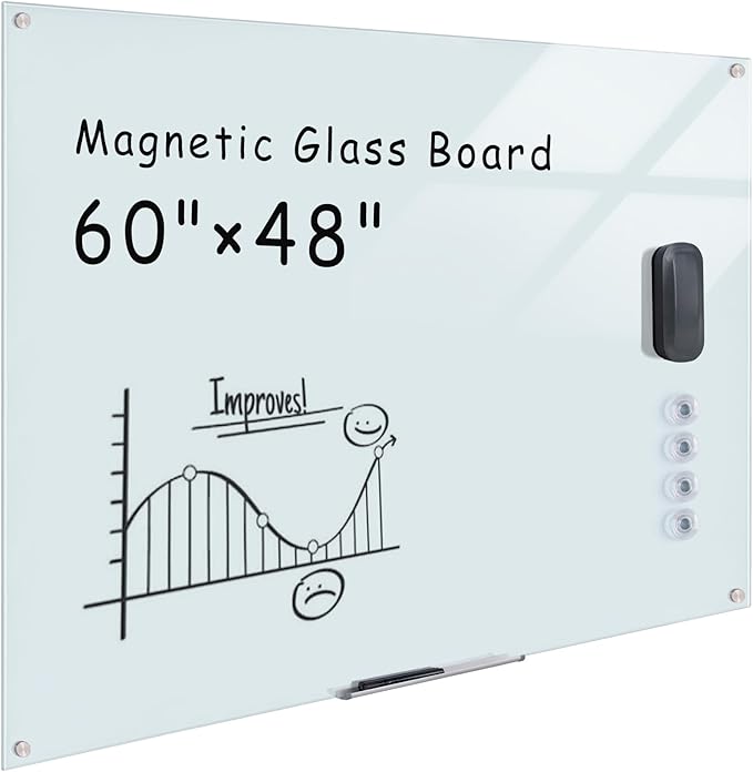 Mifuro Magnetic Glass Whiteboard，60"x48" Wall Mounted Frameless Dry Erase Board for Office, Home & School White