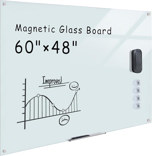 Mifuro Magnetic Glass Whiteboard，60"x48" Wall Mounted Frameless Dry Erase Board for Office, Home & School White