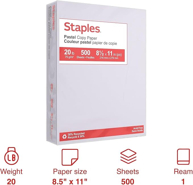 Staples 30% Recycled Color Copy Paper, 20 lbs., 8.5" x 11", Gray, 500/Ream, For Office, School & Home
