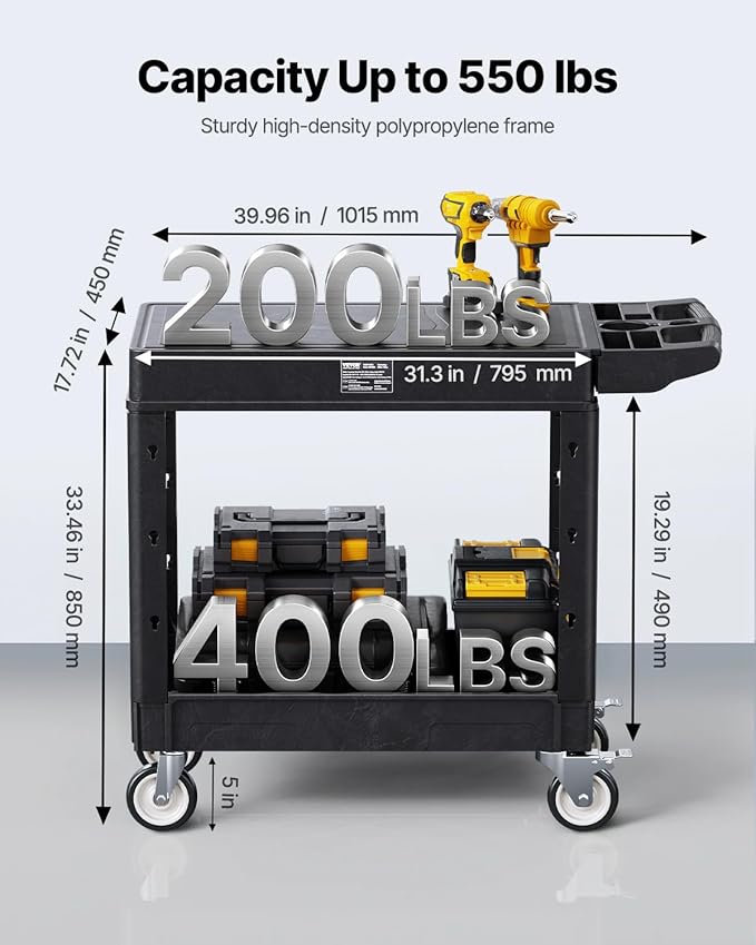 VEVOR Utility Cart, 550 lbs Load Capacity, 31.3 x 17.7-inch Service Cart, Two-Shelf Heavy Duty Plastic Utility Cart with 360° Swivel Wheels (2 with Brakes), Suitable for Warehouse, Garage, Cleaning