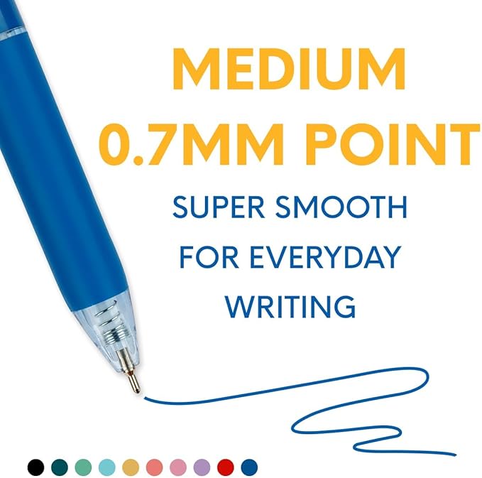 10-Count Assorted Colors Retractable Ballpoint Pens 0.7mm, Pastel Color Barrels with Soft Contoured Grip|Christmas Gifts for Coworkers, Teachers, Friends