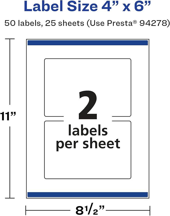 Avery Glossy White Rectangle Labels, Sure Feed Technology, 4" x 6", 50 Glossy White Labels, Print-to-The-Edge, Permanent Adhesive, Laser/Inkjet Printable