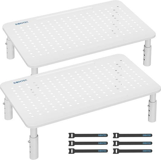 BONTEC Monitor Stand 2 Pack Height Adjustable Metal Riser with Pen Holder, White, 14.5” x 9.1”, Ergonomic Desktop Stand for Computer, Printer, Laptop, Adjustable Desk Riser with Cable Management