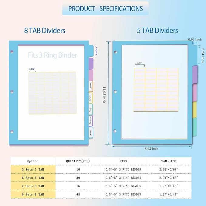 XUCHUN Binder Dividers,5 Tab Dividers Clear Plastic Subject dividers with Tab,for 3 Ring Binder,Customizable Labels, Multicolor, Durable & Tear-Resistant