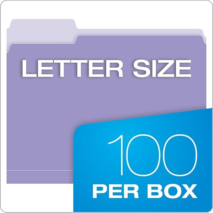 Pendaflex Colored File Folders, 100 Pack, Letter Size (8.5" x 11"), Durable Purple Folders, 3 Tabs for Easy Labeling, Colorful School, Office & Home Document Organization