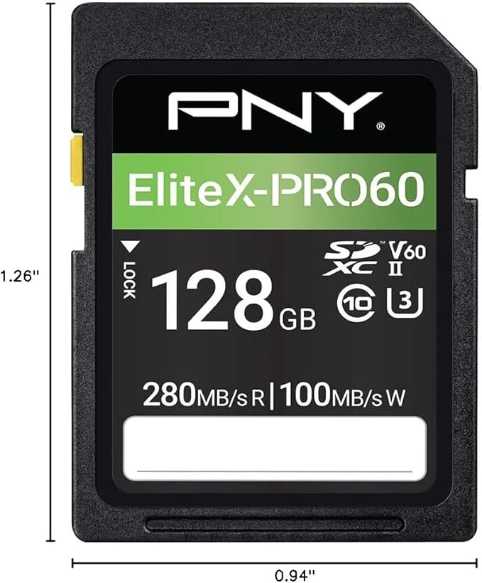 PNY 128GB EliteX-PRO60 UHS-II SDXC Memory Card - R280MB/s W100MB/s, U3, V60, 4K UHD, Full HD, UHS-II for Professional Photographers & Content Creators, DSLR Mirrorless Cameras, Advanced Video Cameras
