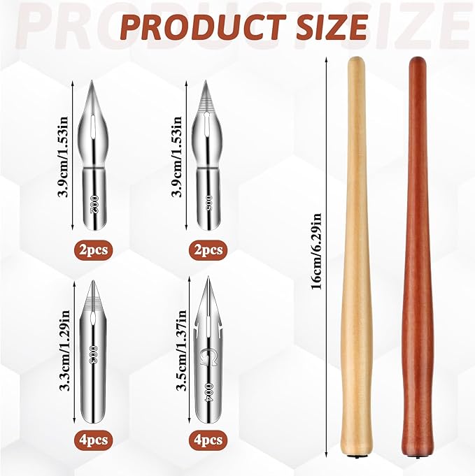 14pcs Oblique Calligraphy Comic Pen Set, 2-in-1 Wooden Pen Holder with 12 Stainless Steel Replacement Nibs for Writing, Signing, Painting, Sketching