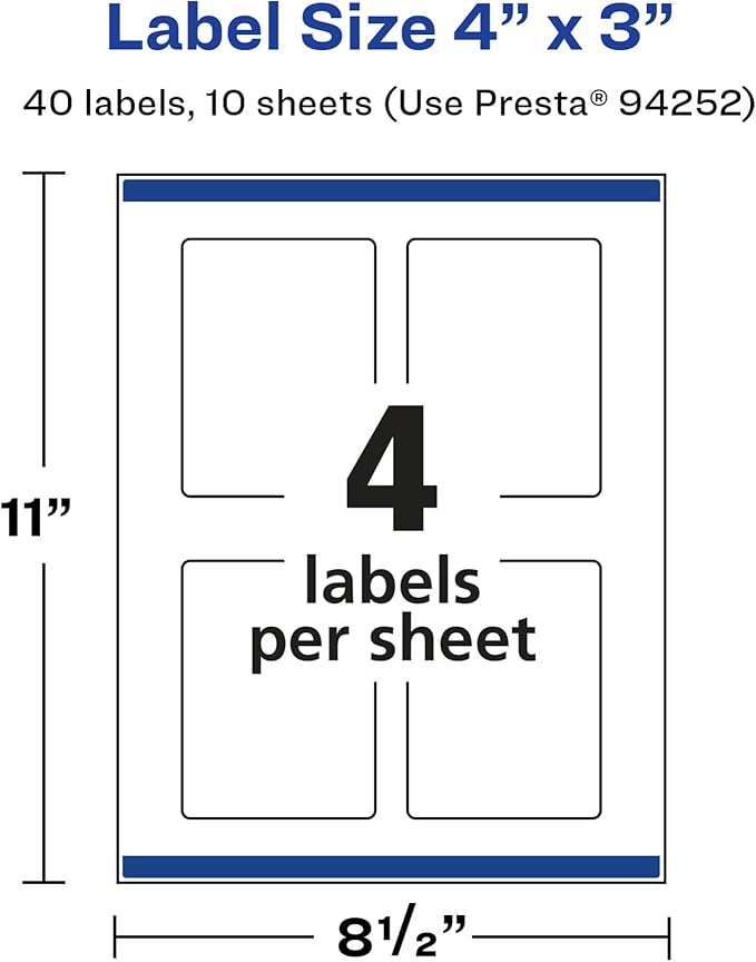 Avery Glossy White Rectangle Labels, Sure Feed Technology, 4" x 3", 40 Glossy White Labels, Print-to-The-Edge, Permanent Adhesive, Laser/Inkjet Printable