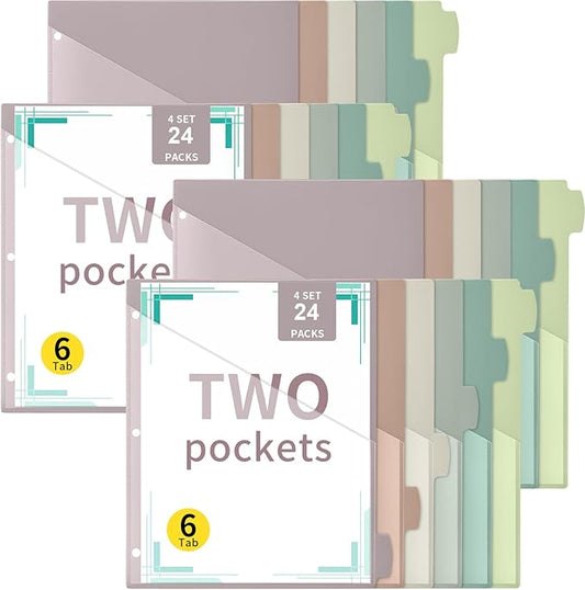 Epakh 24 Pcs Binder Dividers for 3 Rings Binders Index Dividers with Two Clear Pockets Plastics Sheets Protectors with Tab Labels for School Office Organization (Morandi)