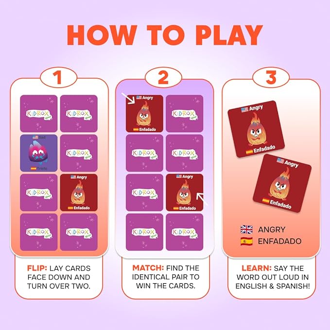 Kidrox Emotions Flash Cards, English Learning Cards with Spanish Translations, Interactive Matching Game for Emotional Development