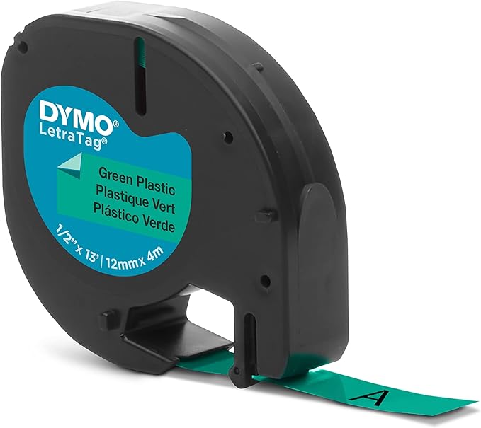 DYMO Authentic LT Plastic Labels | 12 mm x 4 m Roll | Black Print on Green Labels | for LetraTag Label Makers