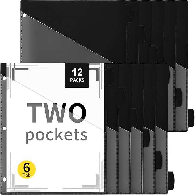 Epakh 12 Pcs Binder Dividers for 3 Rings Binders Index Dividers with Two Clear Pockets Plastics Sheets Protectors with Tab Labels for School Office Organization (Black)