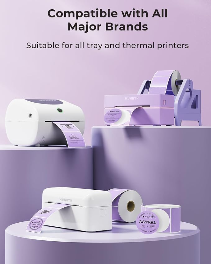 MUNBYN 3 Inch Purple Circle Thermal Sticker Labels, Multi-Purpose Self-Adhesive Round Direct Thermal Labels for Business, 500 Sheets/1 Roll