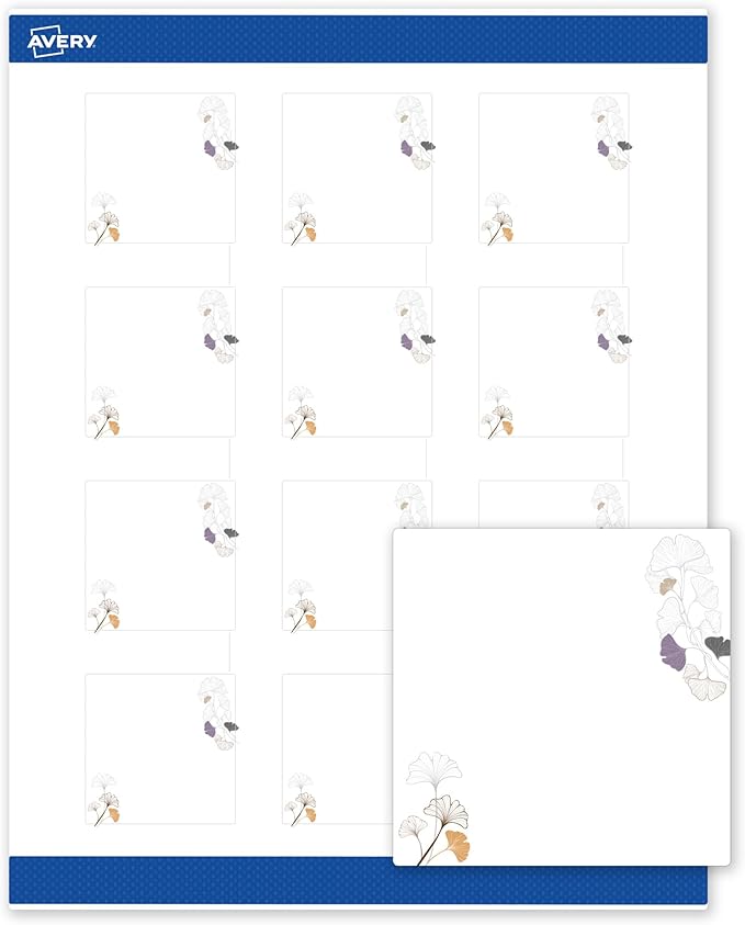 Avery Printable Square Labels with Sure Feed Technology, Pre-Printed Silver Metallic with Gingko Leaves Design, Matte White, 2" x 2", Laser & Inkjet Compatible, 120 Total
