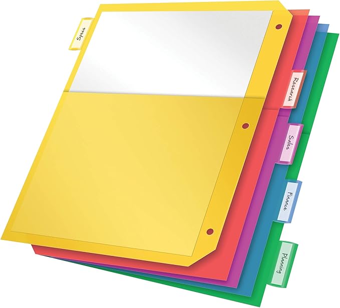 Oxford Plastic 2 Pocket Binder Dividers, 5 Tab 1/5 Cut, Multicolor Large Tab Set, Insertable Dividers with Paper Inserts, Letter Size, 3 Sets (89602)