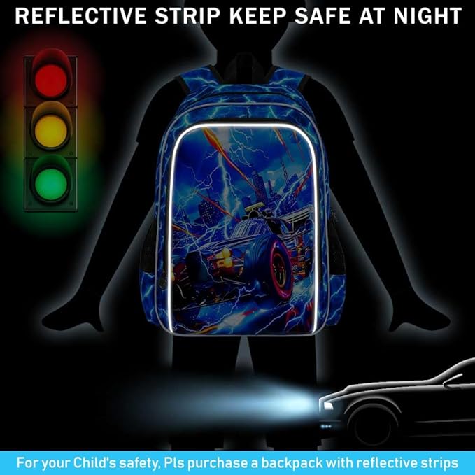 KLFVB 3PCS Lightning Backpack for Boys, 17" Race Car Bookbag and Lunch Box, Water Resistant Teenagers School Backpacks for Middle Elementary - Lightning Speed Car