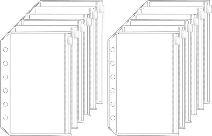 Antner 12pcs A7 Mini Binder Pockets with Zipper, 6 Holes Cash Envelopes for Budgeting, Loose Leaf Bags for A7 6-Ring Budget Wallet Binder, Clear Planner Insert Pouches - 13.3cm x 8.7cm