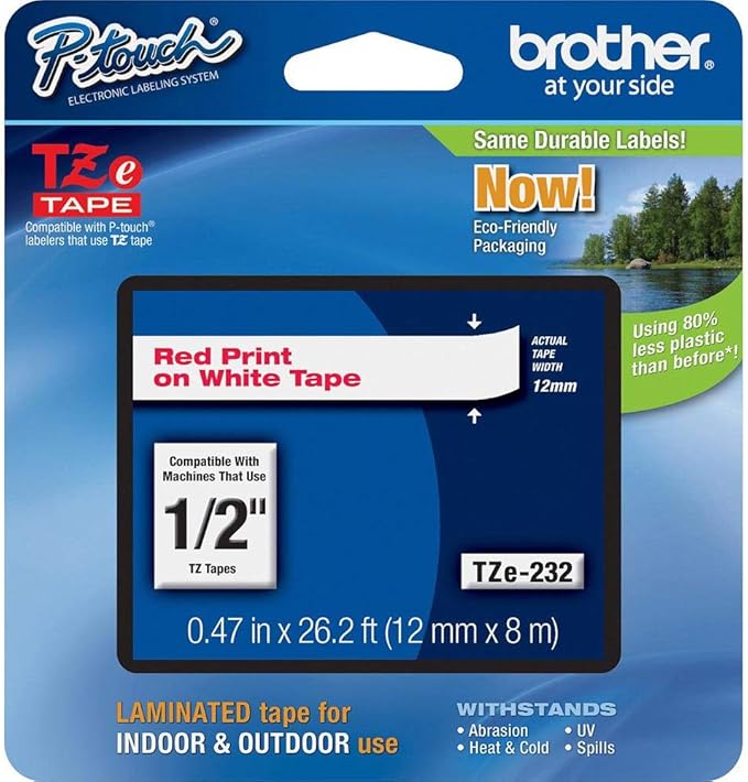 Brother TZe232 0.47" Red On White Tape for P-Touch (26.2')