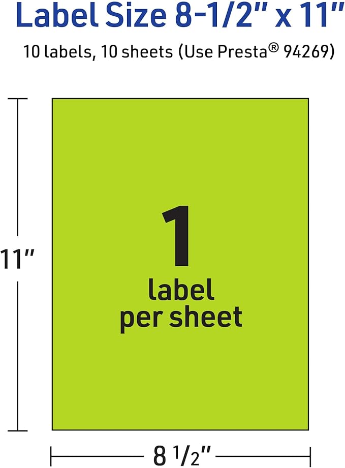 Avery Printable Sticker Paper, 8-1/2" x 11", Full-Sheet Labels, Bright Green Labels, Laser/Inkjet Printable, 10 Total, Great for Packaging and Stickers
