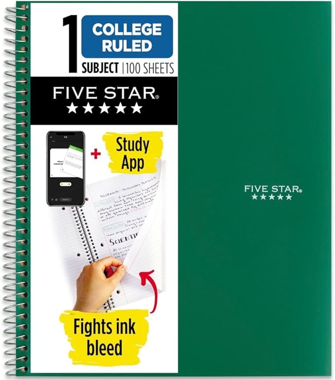 Five Star Spiral Notebook Plus Study App, 1 Subject, College Ruled Paper, 100 Sheets, 8-1/2" x 11", Forest Green (72055)